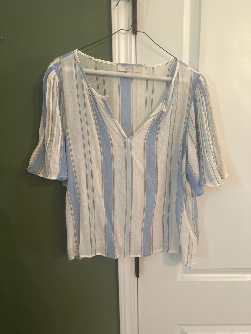 LOFT Cream and Blue Vertical Stripe V-Neck Flutter Sleeve Blouse